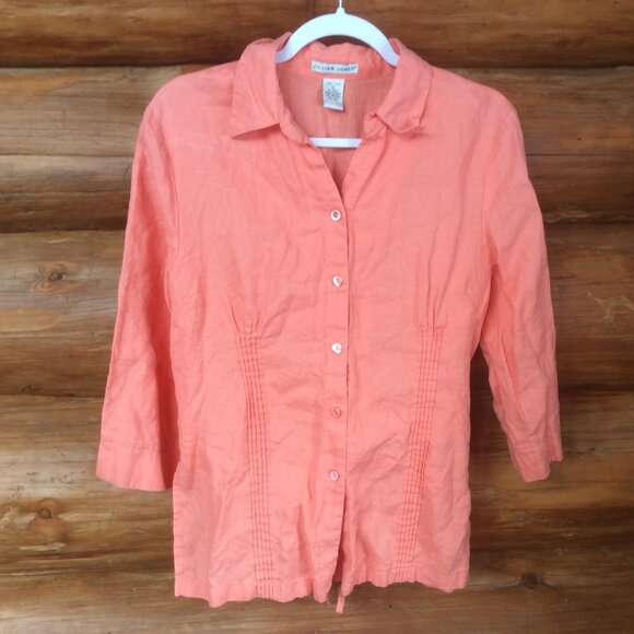 Jillian Jones Sherbet Orange 100% Linen Pintuck Accent Button Down Shirt Size 12 - Picture 1 of 4